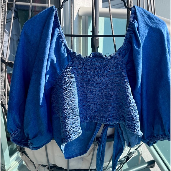 Plus Sz 1X Bow Front Tie Denim Crop Top 100% Cotton - Picture 8 of 12